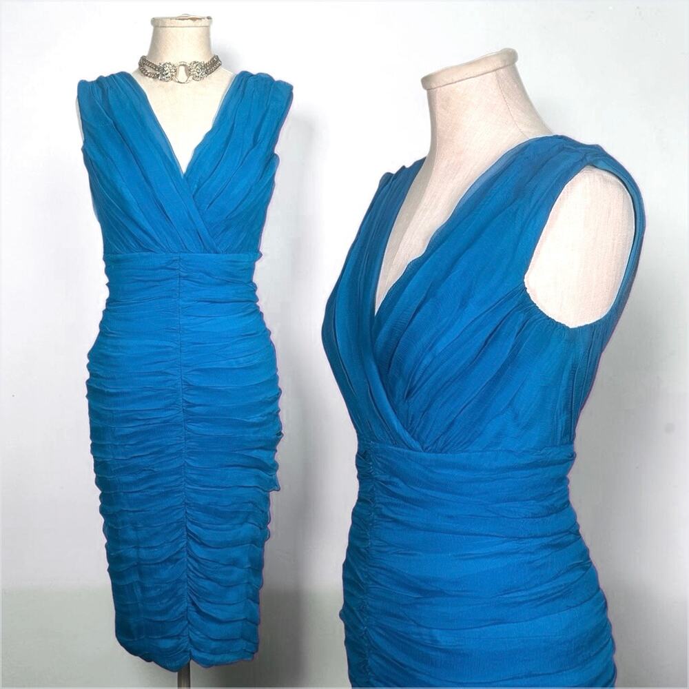 TADASHI SHOJI 100% Silk Teal Ruched Cocktail Dress Wedding Sleeveless Sheath 6